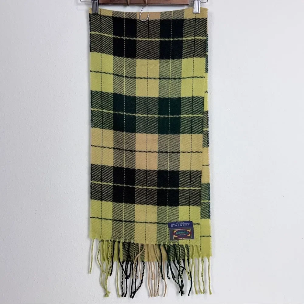 Givenchy Green Black Plaid Cashmere Blend Scarf 50”